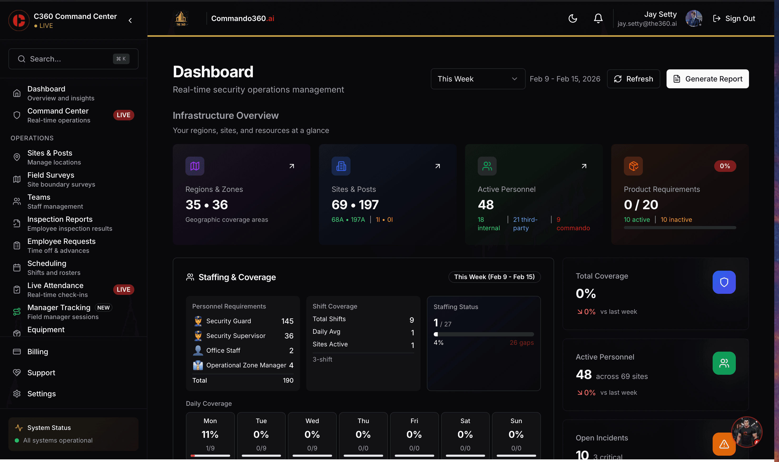 Commando360 Dashboard - Real-time security operations management