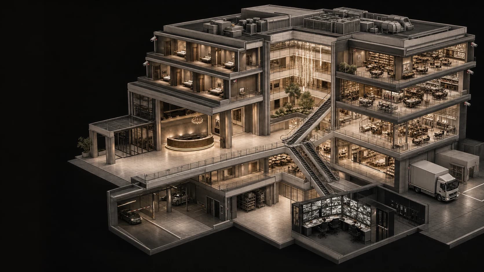 Architectural cutaway showing guest floors, shared areas, site entrances, a loading bay and a command room.