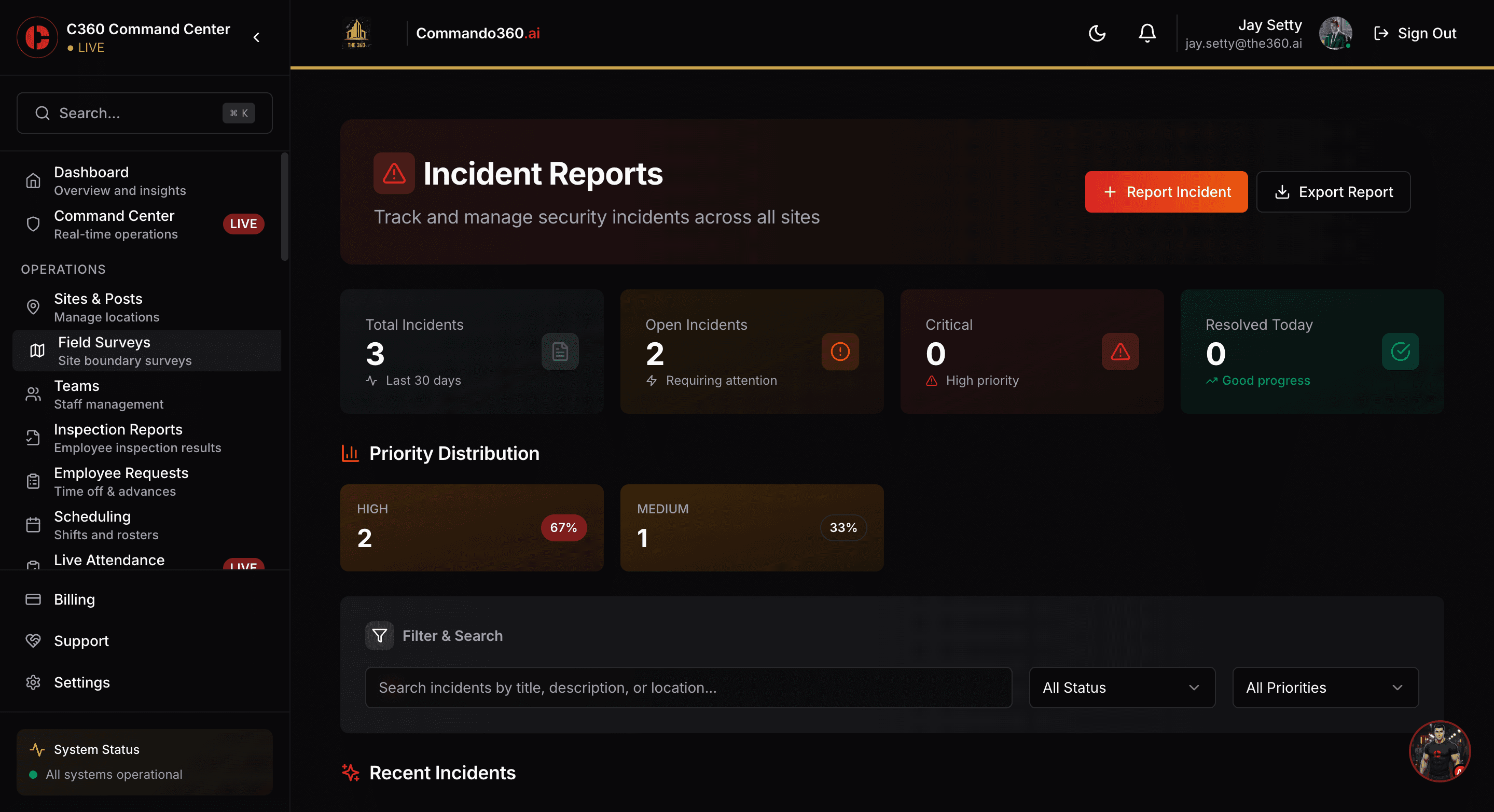 Incident reports dashboard with priority distribution, filters, and recent incidents