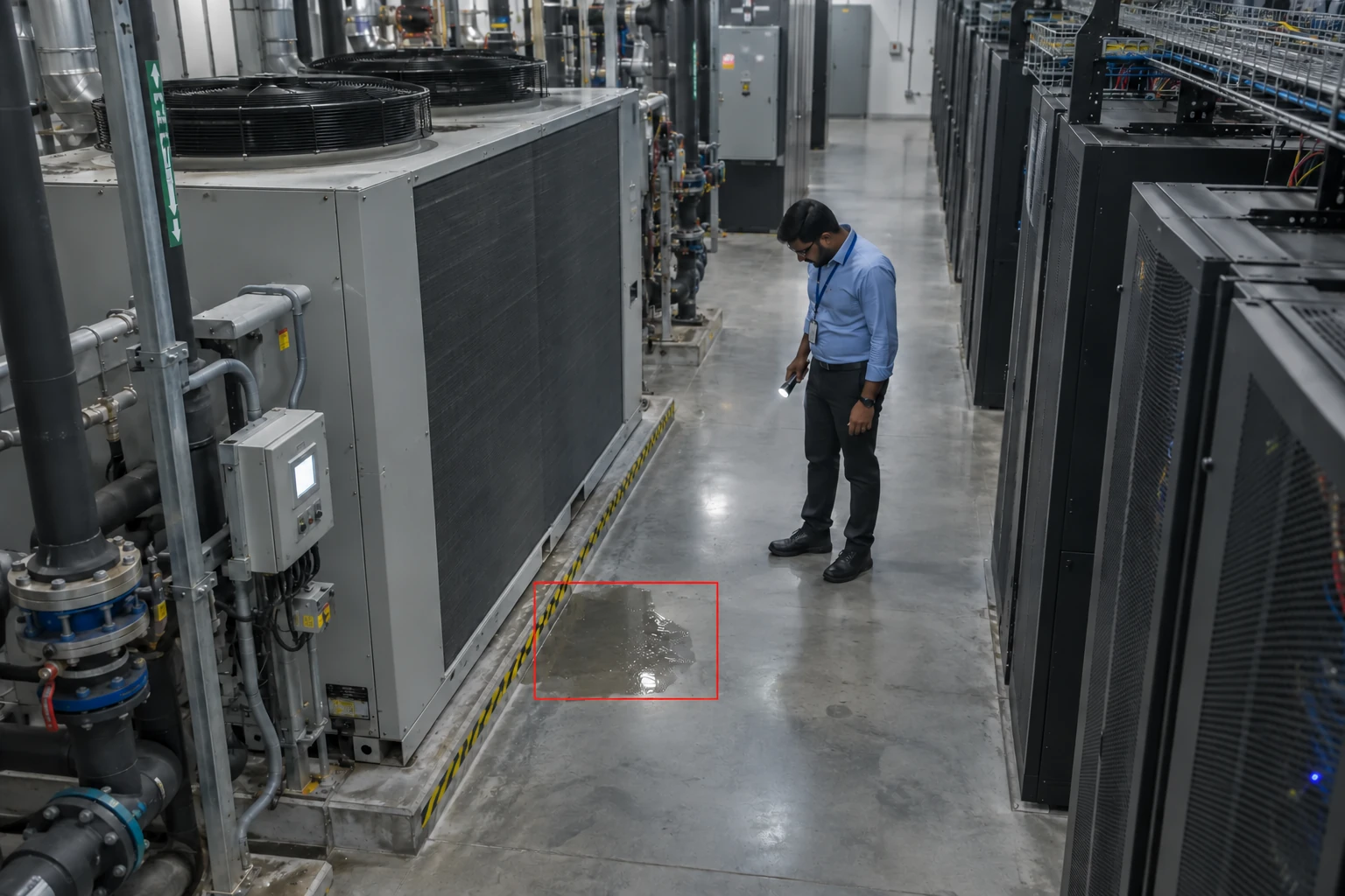 Visible water flagged in a cooling service aisle