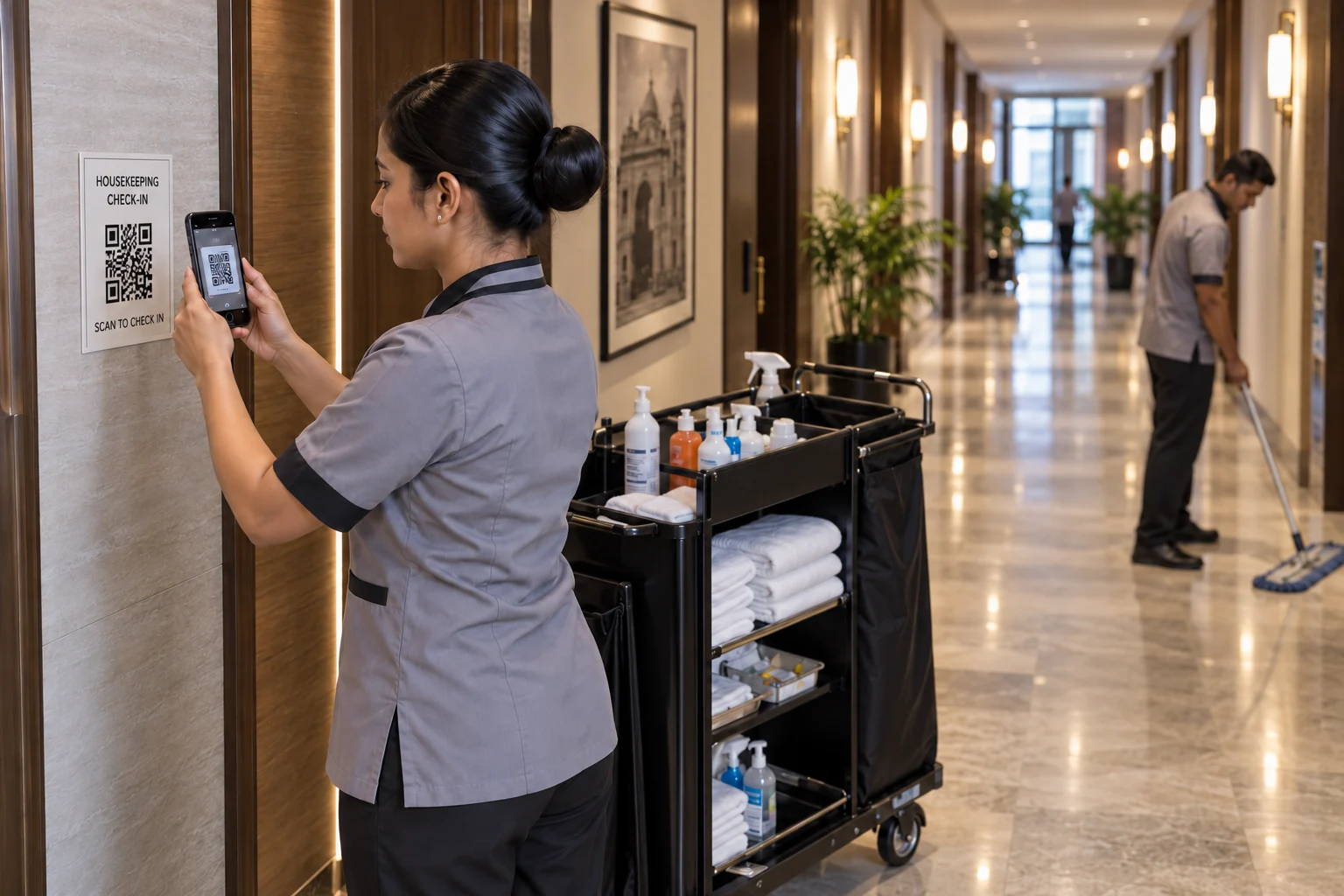 Housekeeping QR check-in at a public-area checkpoint