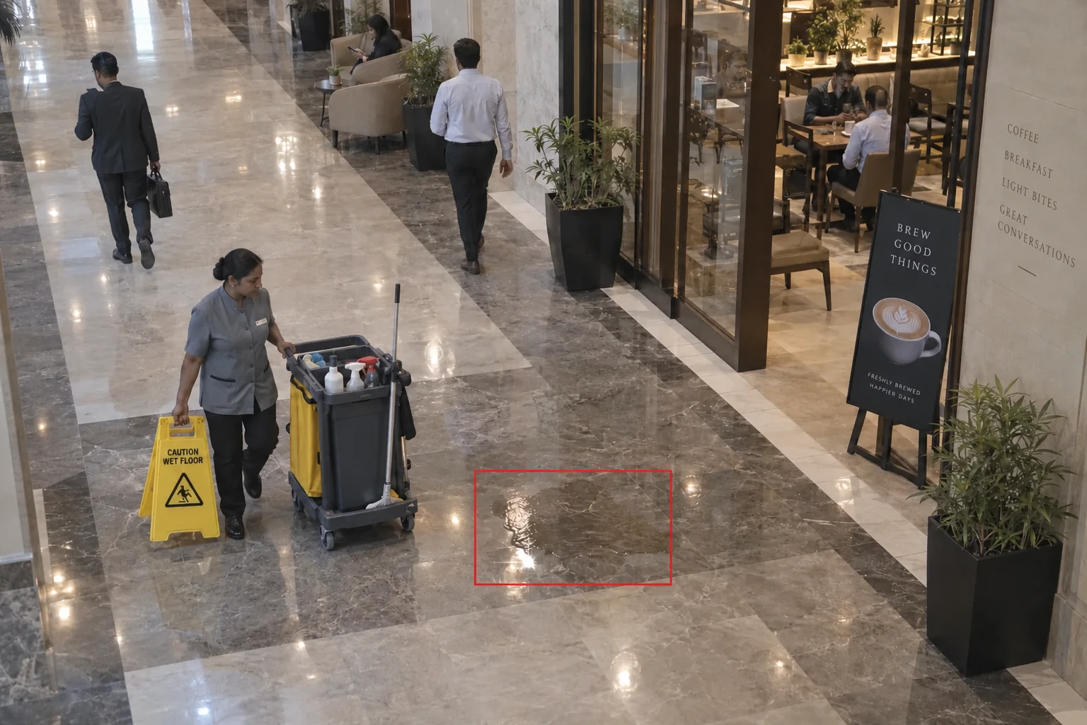 Spill flagged in a public corridor