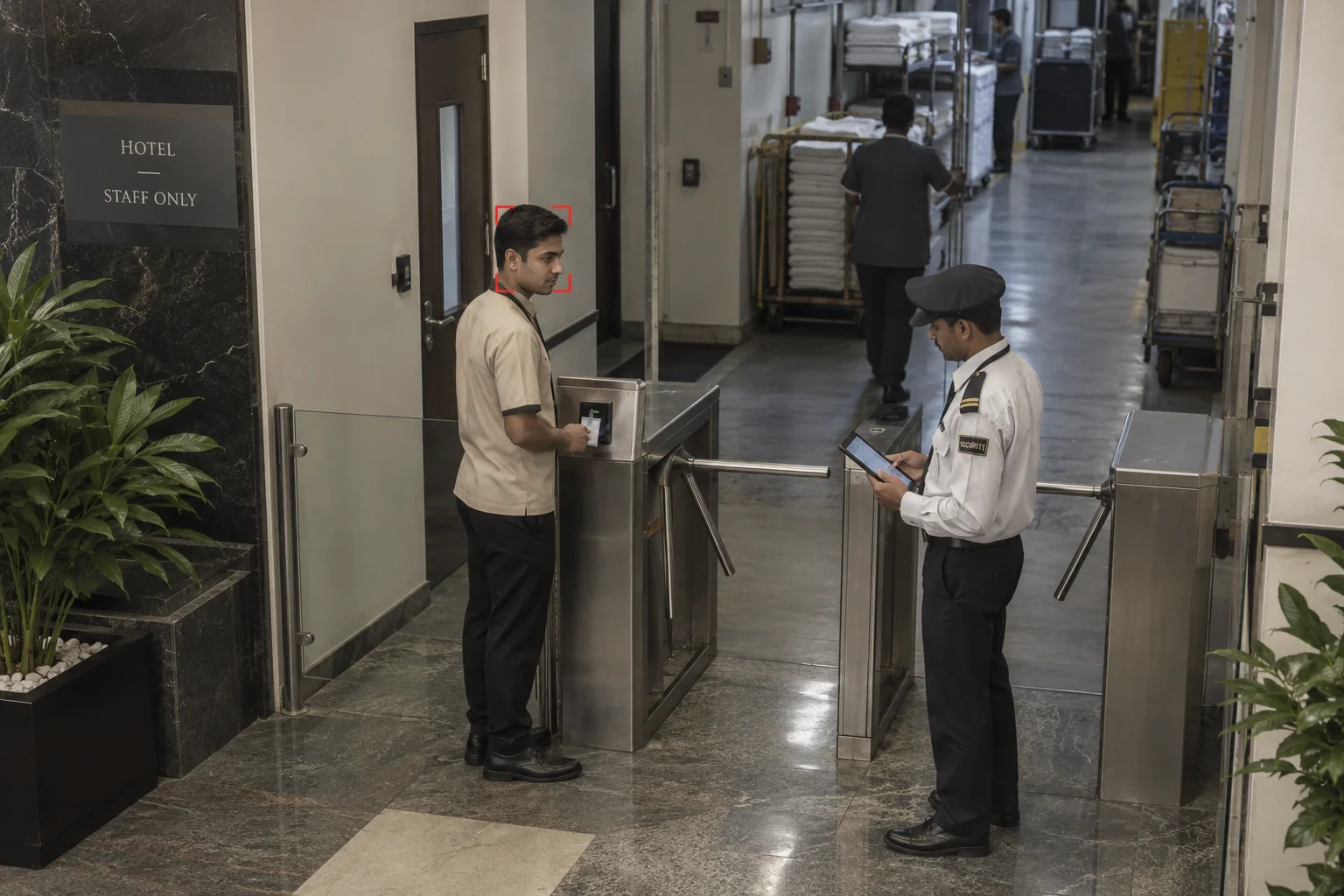 Staff identity check at a service entrance