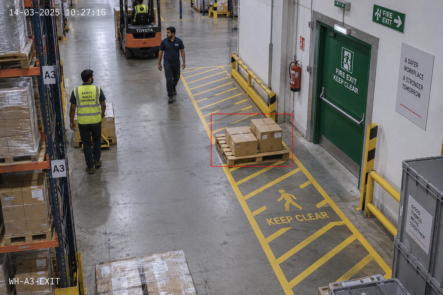 Obstruction flagged at a warehouse exit