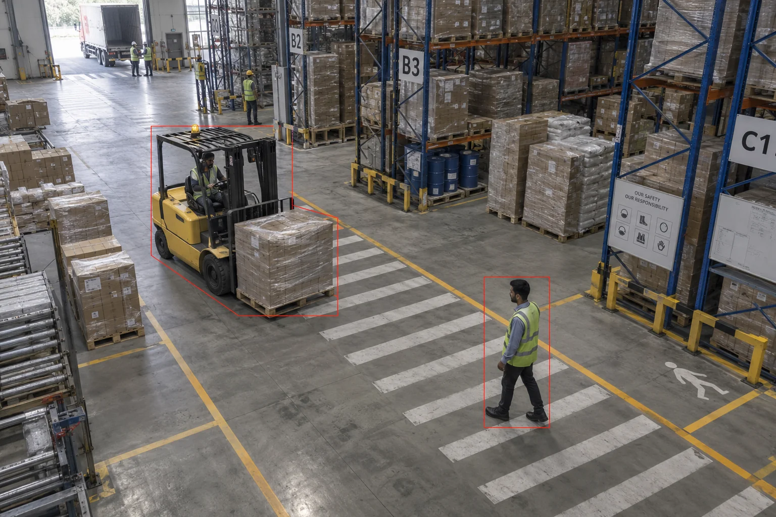 Pedestrian and forklift paths at a warehouse crossing