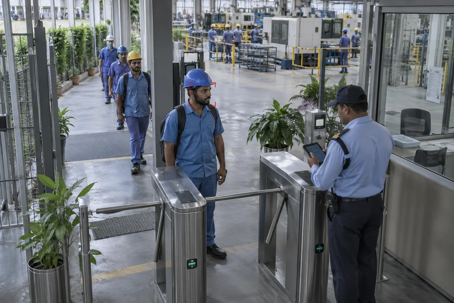 Staff identity check at a plant entrance
