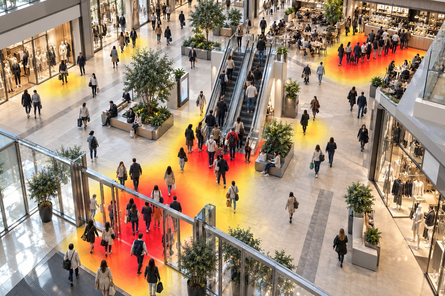 Crowd-density heat map across an estate atrium
