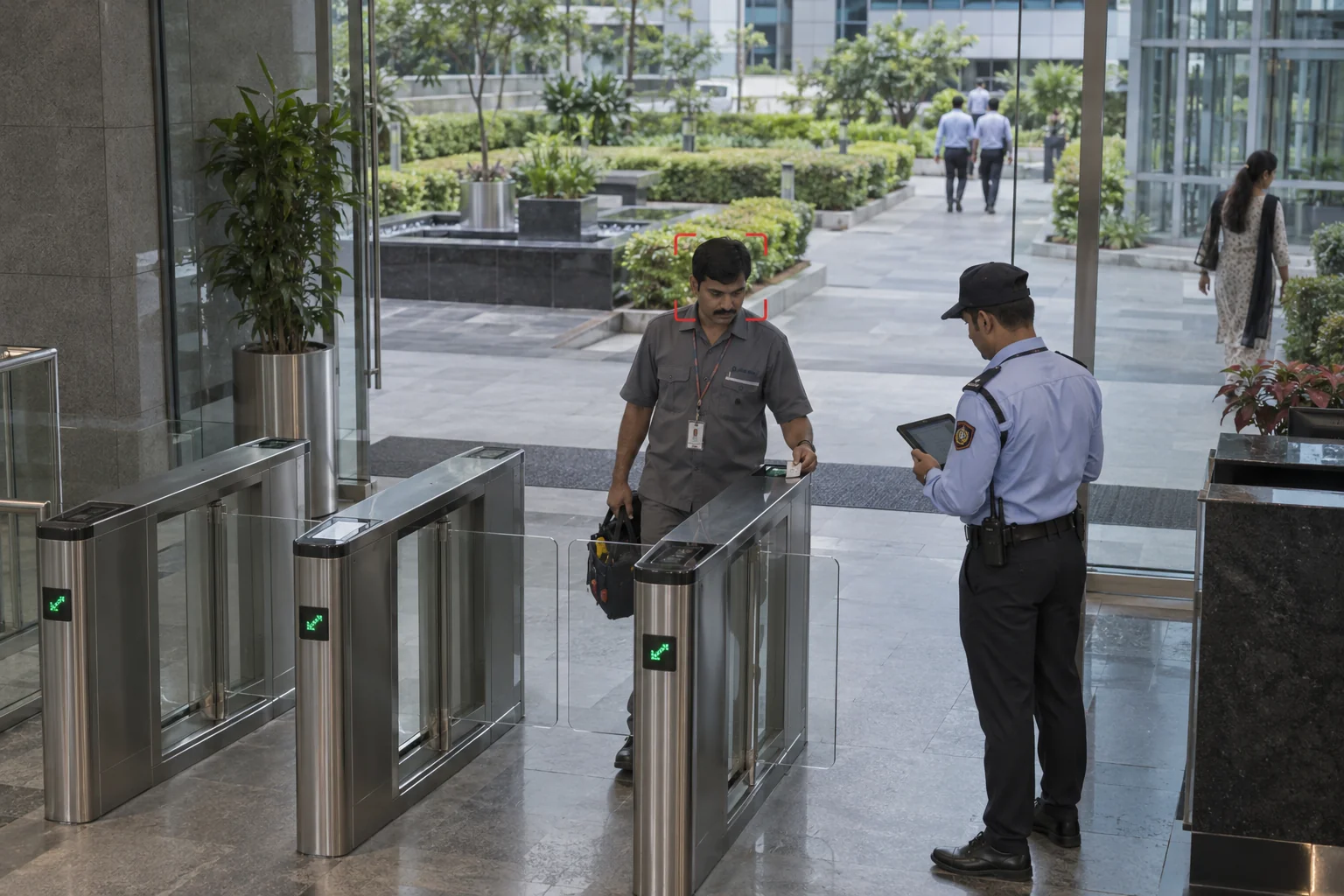 Staff identity check at a service entrance